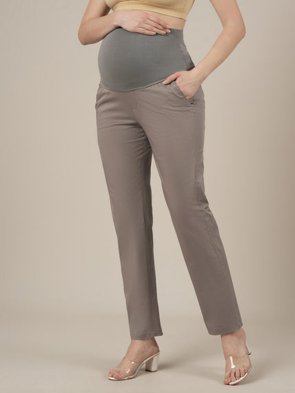 Stretchy Cotton Tapered Fit Maternity Trousers-Grey
