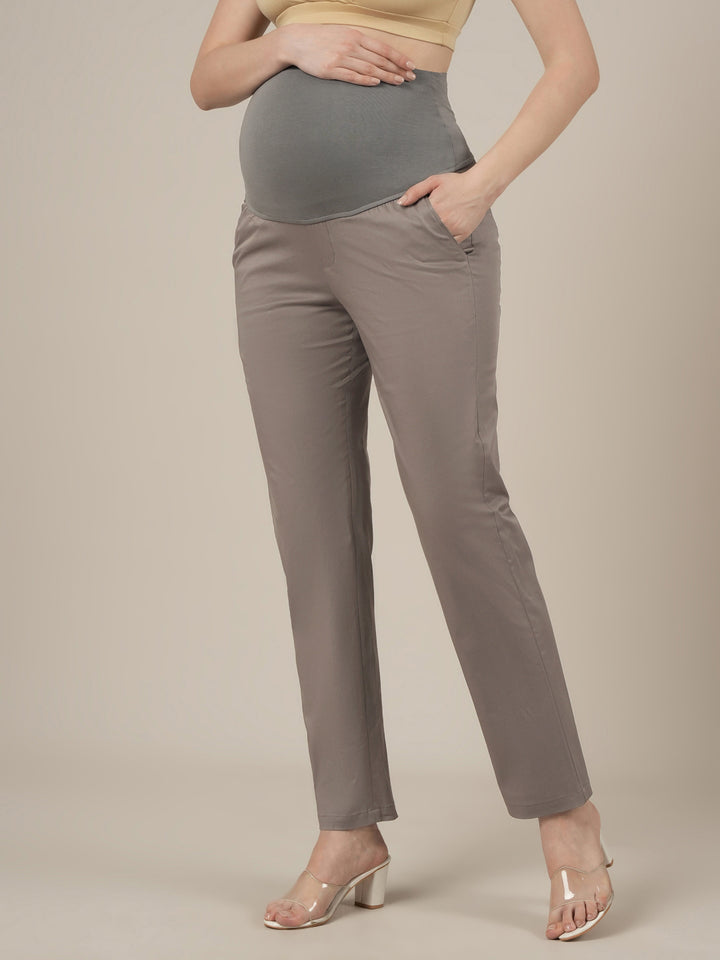 Stretchy Cotton Tapered Fit Maternity Trousers-Grey