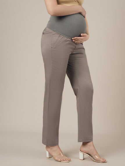 Stretchy Cotton Tapered Fit Maternity Trousers-Grey