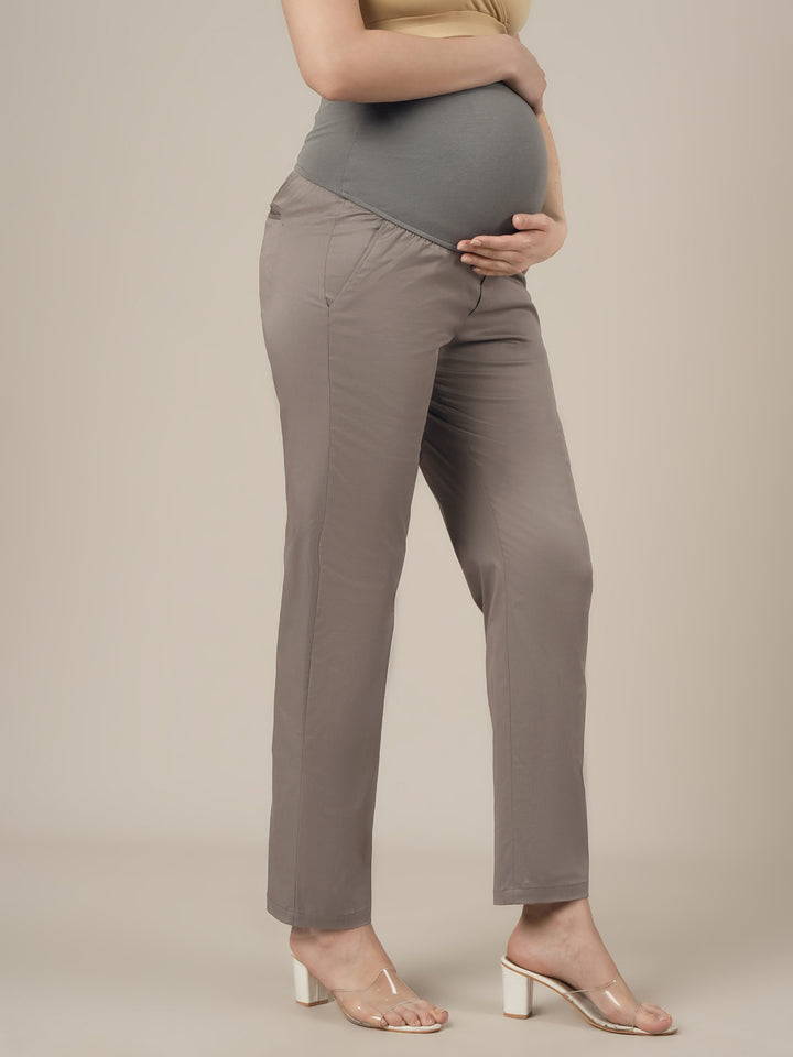 Stretchy Cotton Tapered Fit Maternity Trousers-Grey