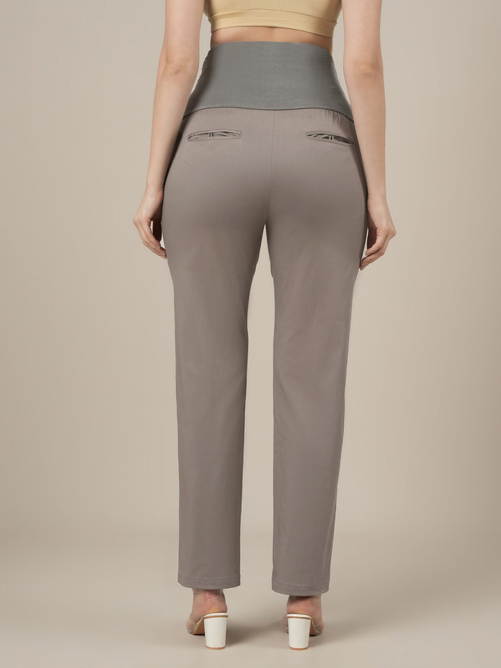 Stretchy Cotton Tapered Fit Maternity Trousers-Grey