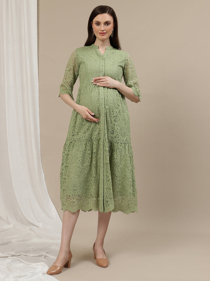 Lace Maternity Shirt Dress- Light Green