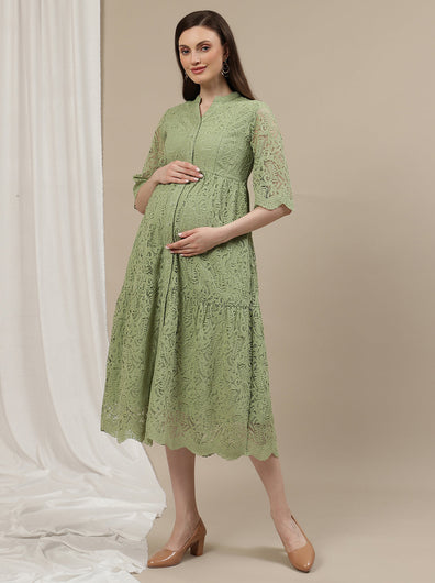 Lace Maternity Shirt Dress- Light Green