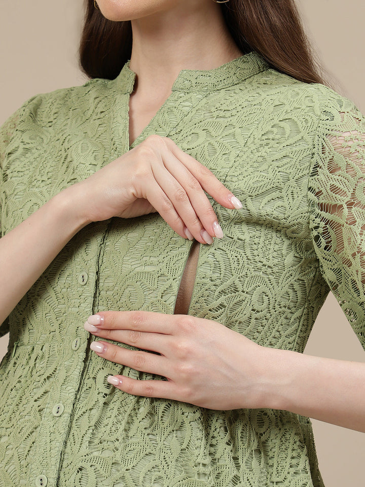 Lace Maternity Shirt Dress- Light Green