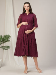 Lace Maternity Shirt Dress- Maroon