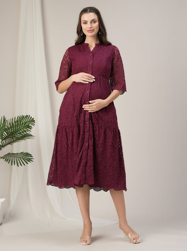 Lace Maternity Shirt Dress- Maroon