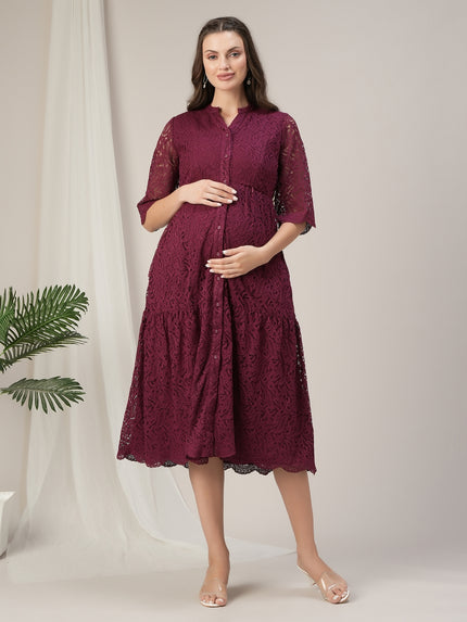 Lace Maternity Shirt Dress- Maroon