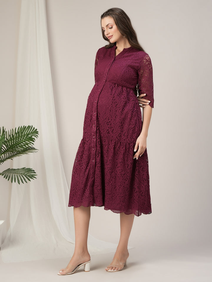 Lace Maternity Shirt Dress- Maroon