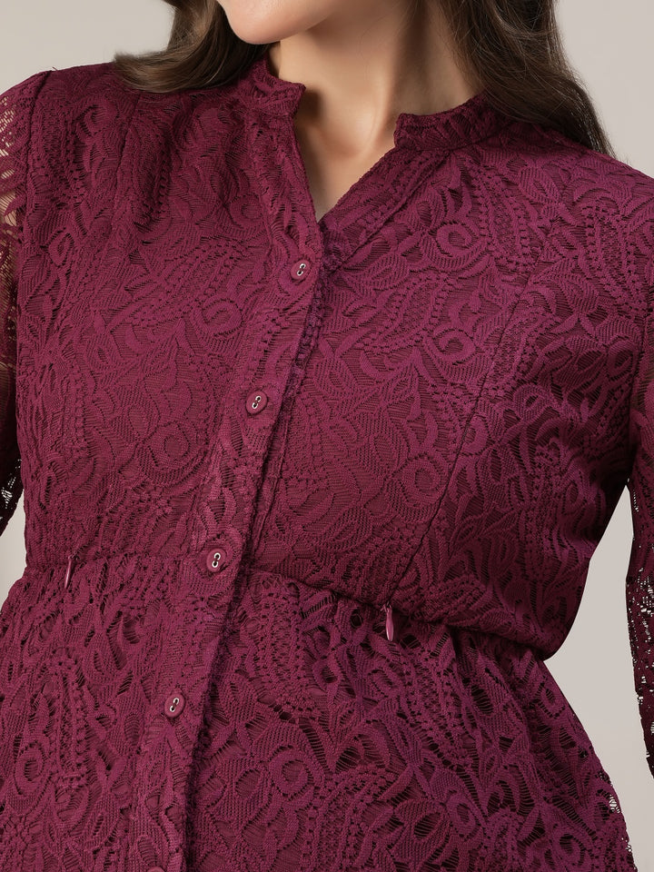 Lace Maternity Shirt Dress- Maroon