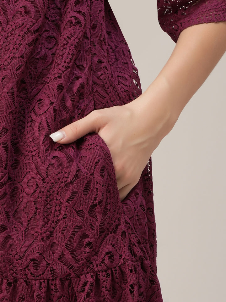 Lace Maternity Shirt Dress- Maroon