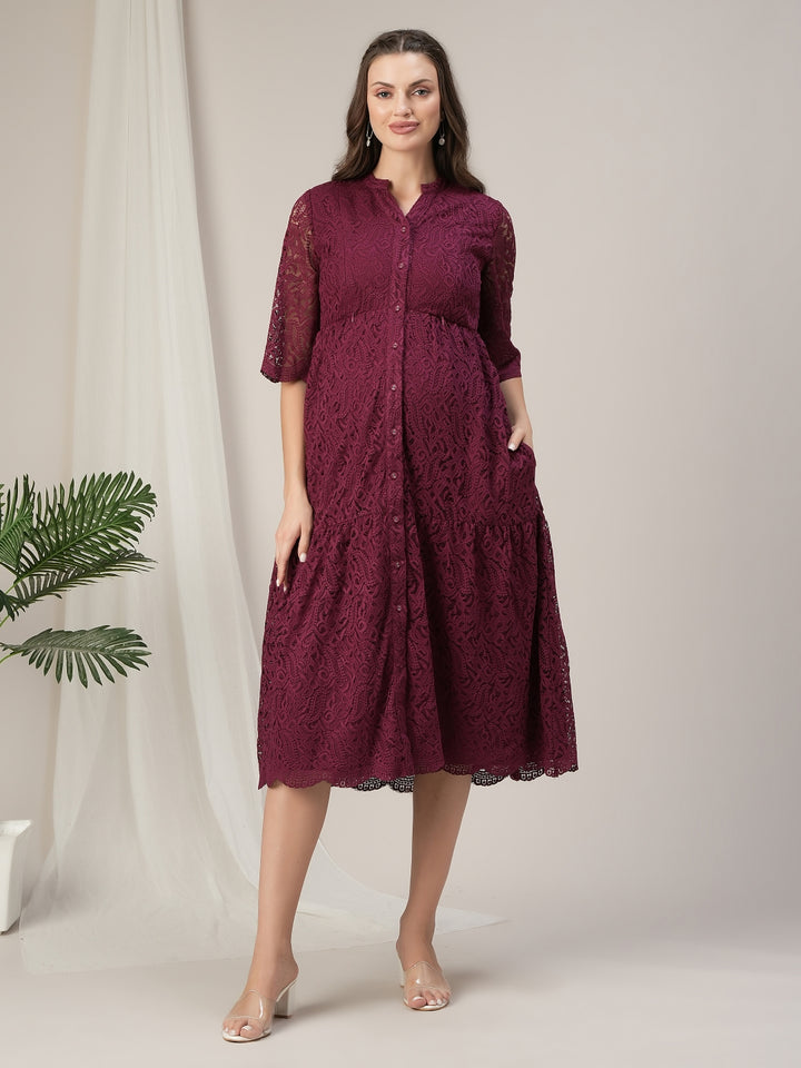 Lace Maternity Shirt Dress- Purple