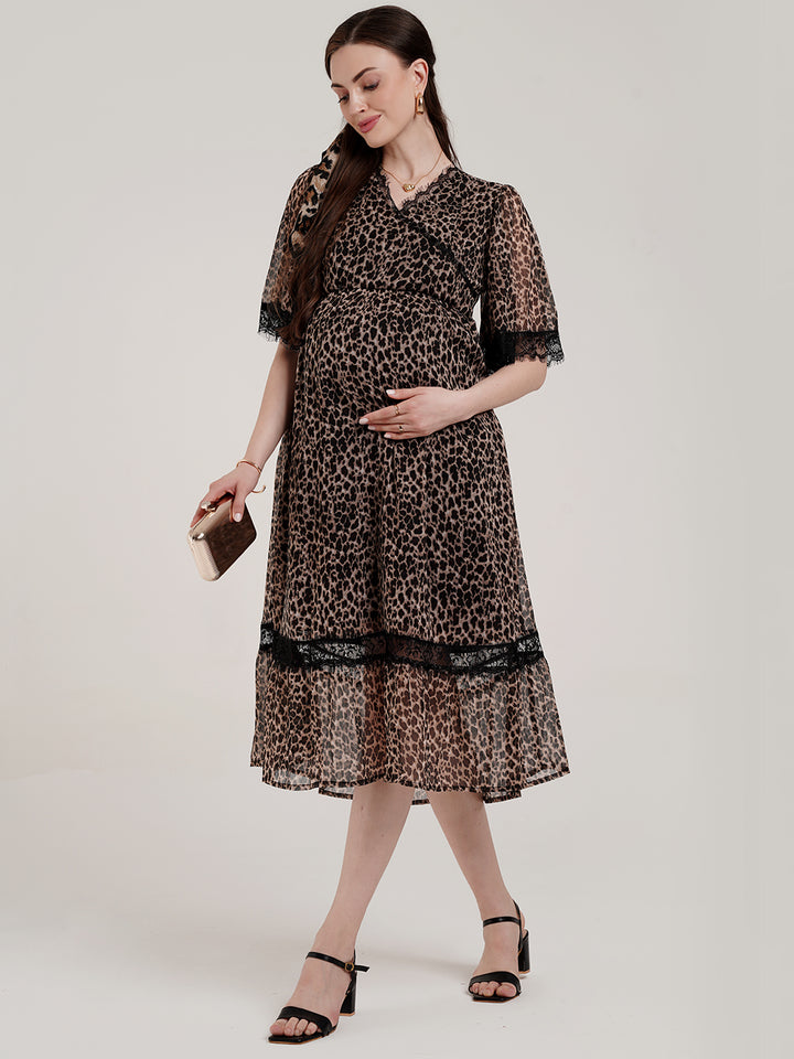 Leopard Print Maternity Midi Dress