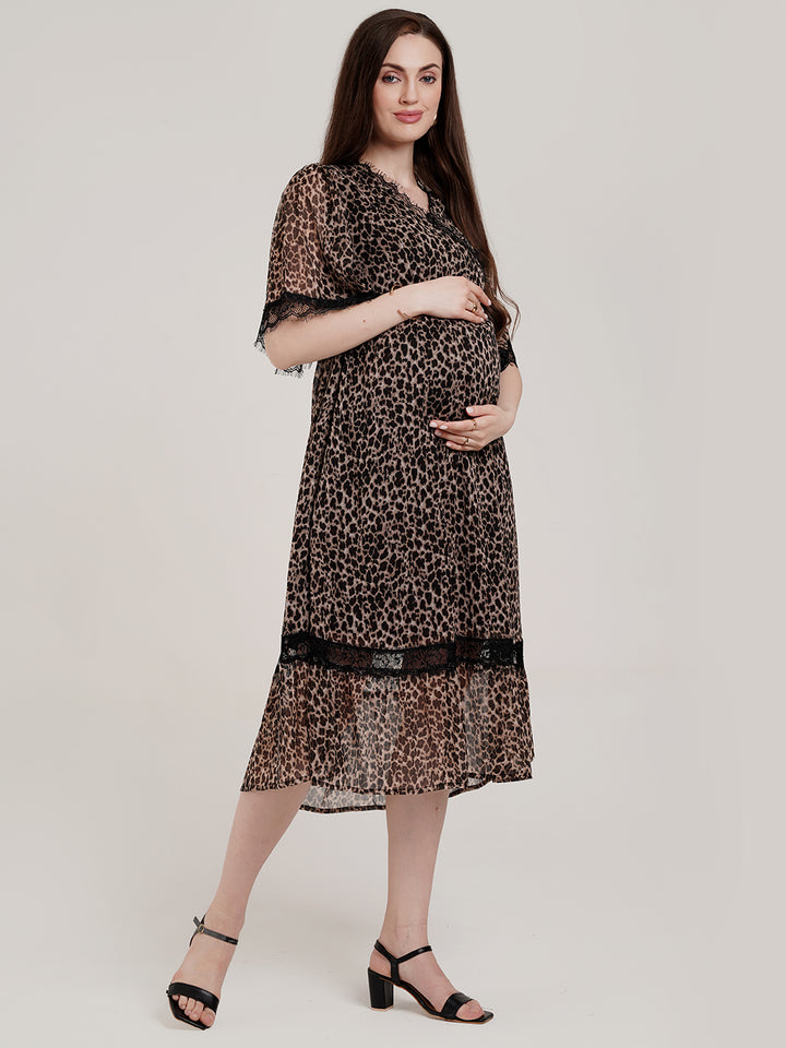 Leopard Print Maternity Midi Dress
