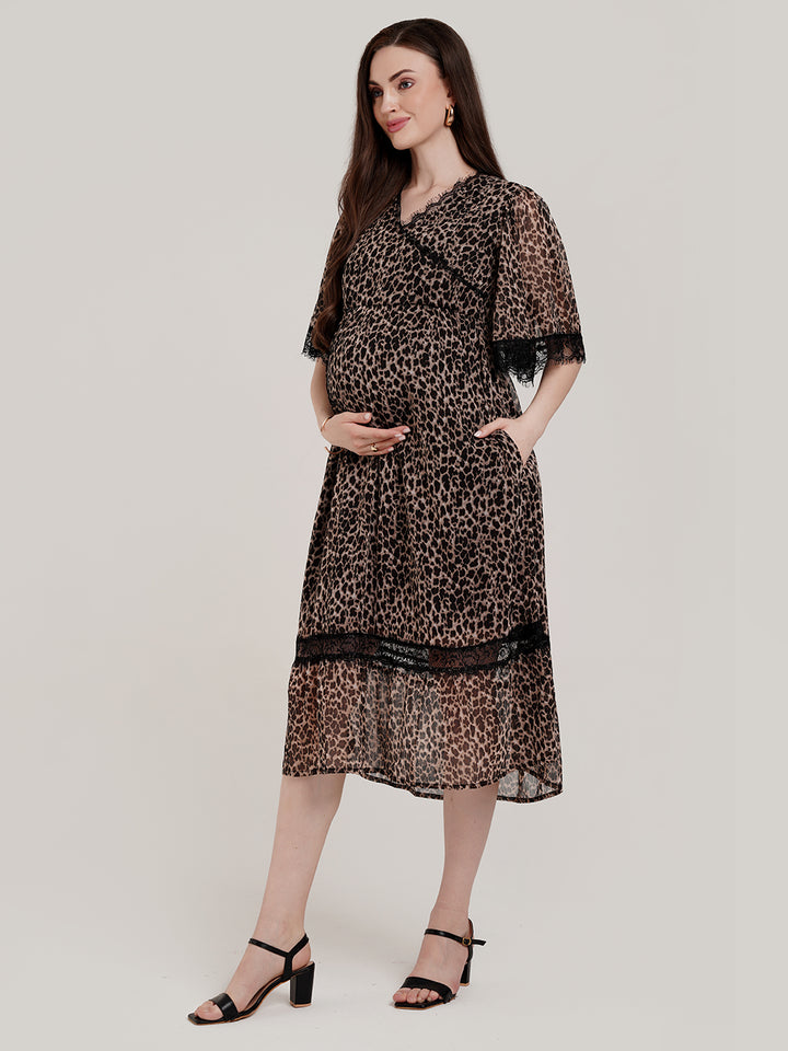Leopard Print Maternity Midi Dress