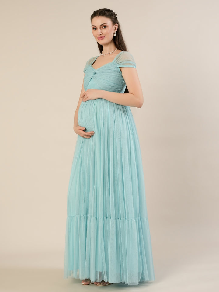 Light Blue Maternity Tulle Cap Sleeve Party Gown