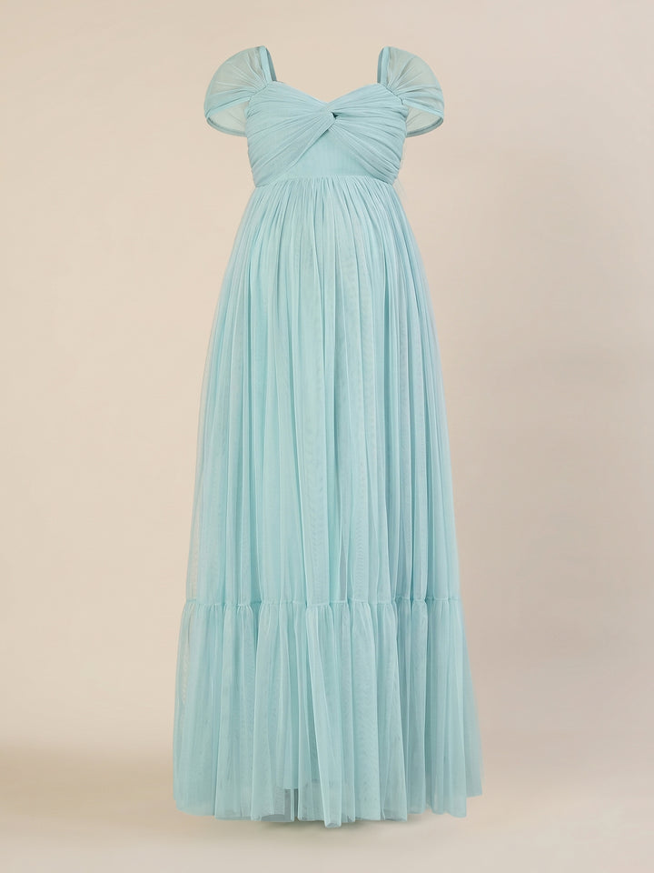 Light Blue Maternity Tulle Cap Sleeve Party Gown
