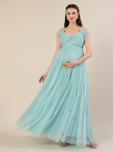 Light Blue Maternity Tulle Cap Sleeve Party Gown