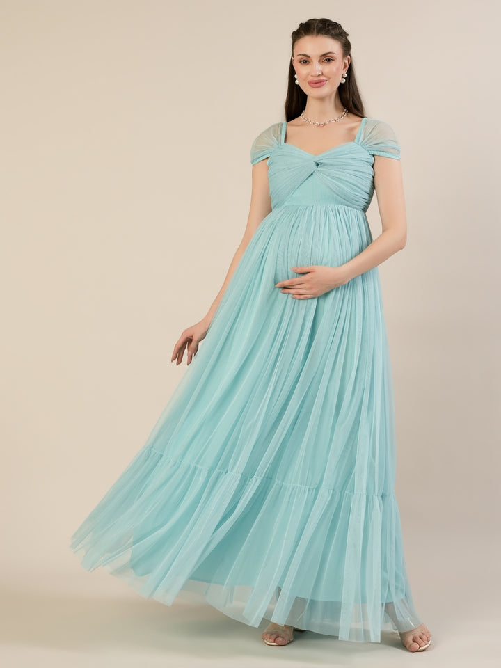 Light Blue Maternity Tulle Cap Sleeve Party Gown