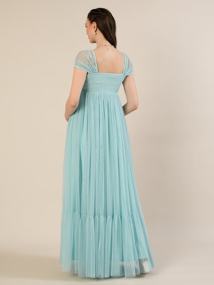 Light Blue Maternity Tulle Cap Sleeve Party Gown