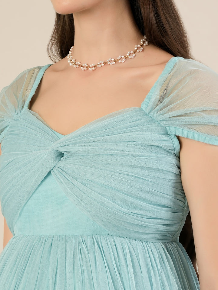Light Blue Maternity Tulle Cap Sleeve Party Gown