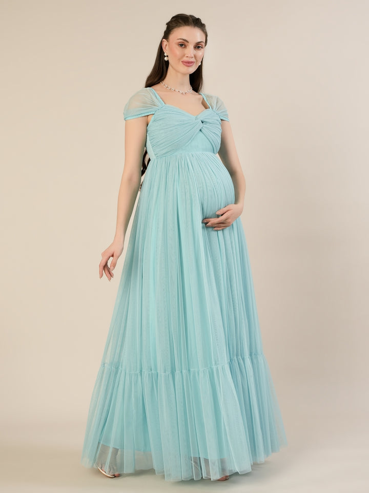 Light Blue Maternity Tulle Cap Sleeve Party Gown