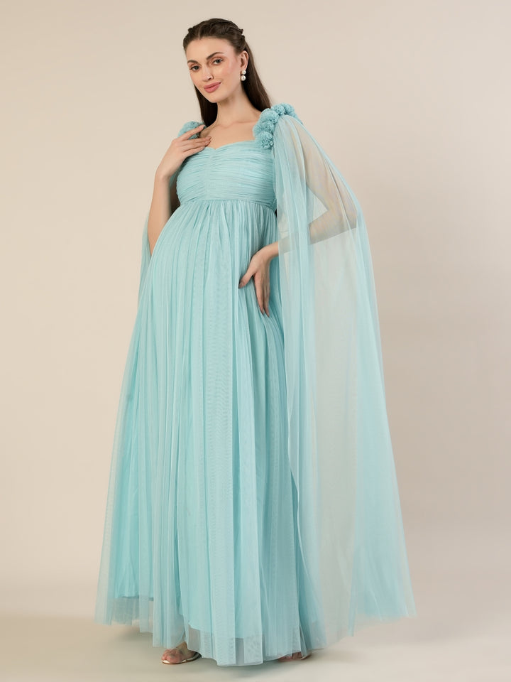 Light Blue Maternity Baby Shower Photoshoot Gown with Cape Sleeves