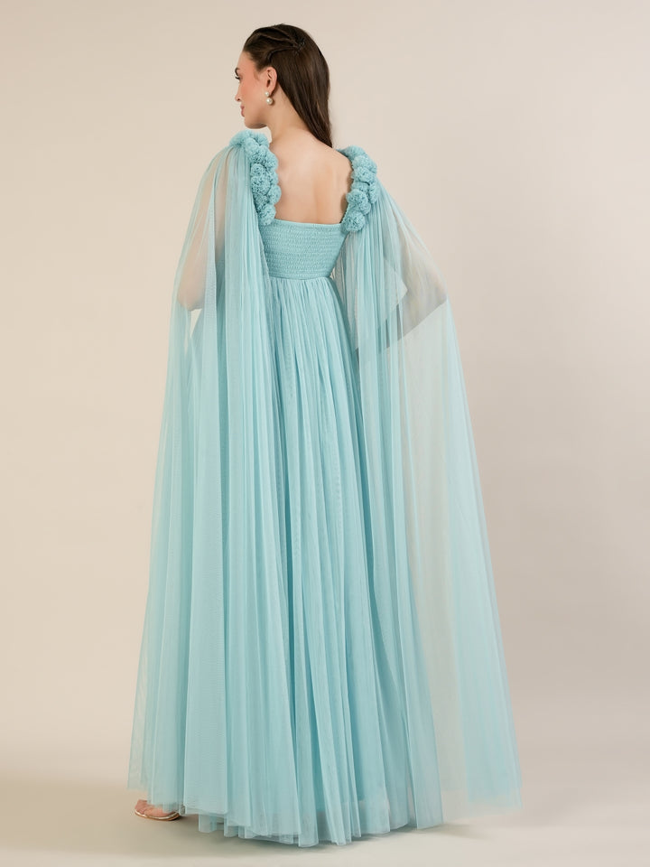 Light Blue Maternity Baby Shower Photoshoot Gown with Cape Sleeves