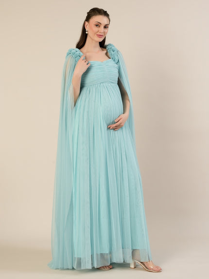 Light Blue Maternity Baby Shower Photoshoot Gown with Cape Sleeves