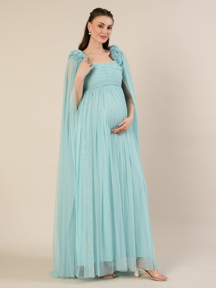 Light Blue Maternity Baby Shower Photoshoot Gown with Cape Sleeves
