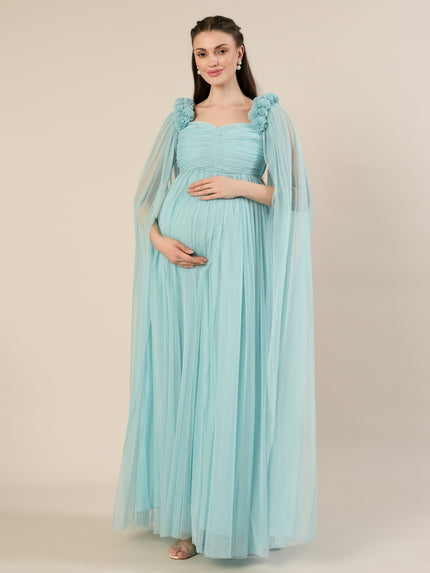 Light Blue Maternity Baby Shower Photoshoot Gown with Cape Sleeves
