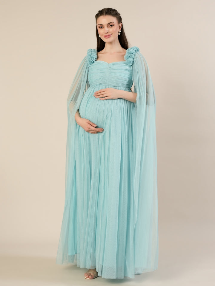 Light Blue Maternity Baby Shower Photoshoot Gown with Cape Sleeves