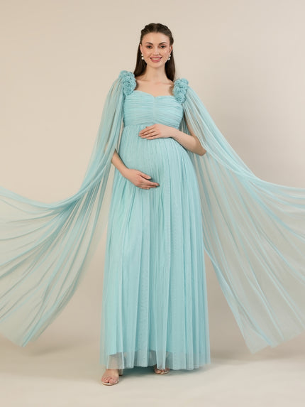 Light Blue Maternity Baby Shower Photoshoot Gown with Cape Sleeves