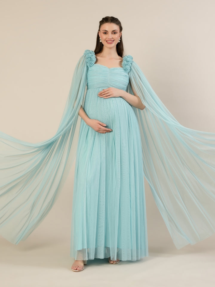 Light Blue Maternity Baby Shower Photoshoot Gown with Cape Sleeves