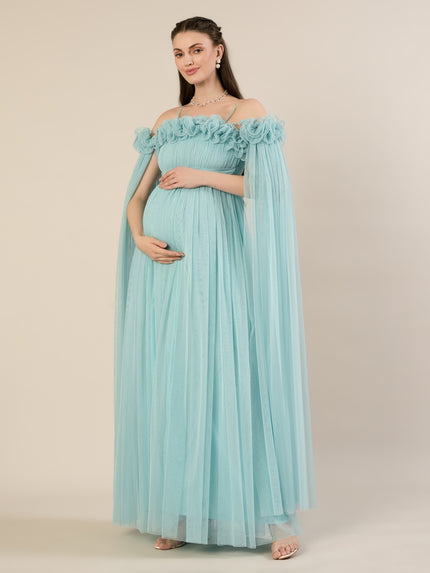 Light Blue Maternity Baby Shower Photoshoot Gown with Detachable Sleeves