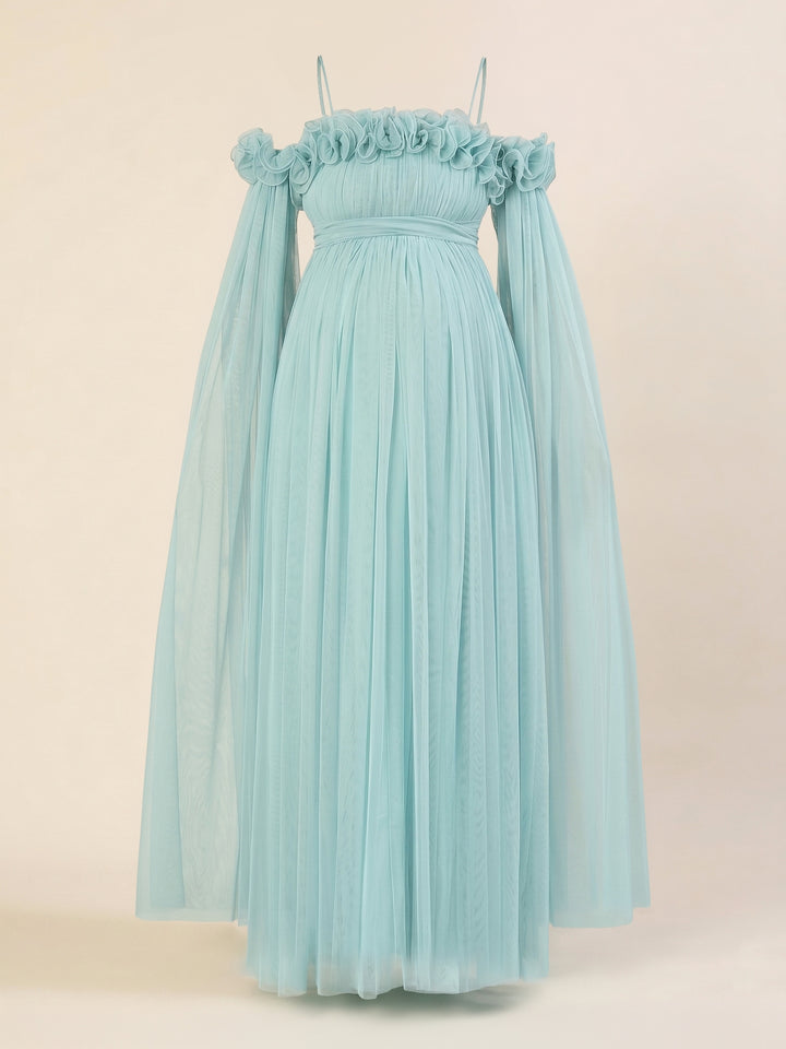 Light Blue Maternity Baby Shower Photoshoot Gown with Detachable Sleeves
