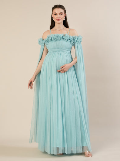 Light Blue Maternity Baby Shower Photoshoot Gown with Detachable Sleeves