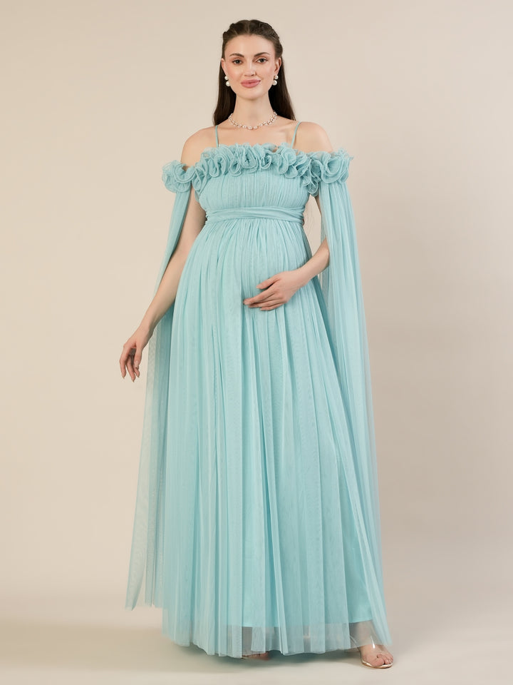 Light Blue Maternity Baby Shower Photoshoot Gown with Detachable Sleeves