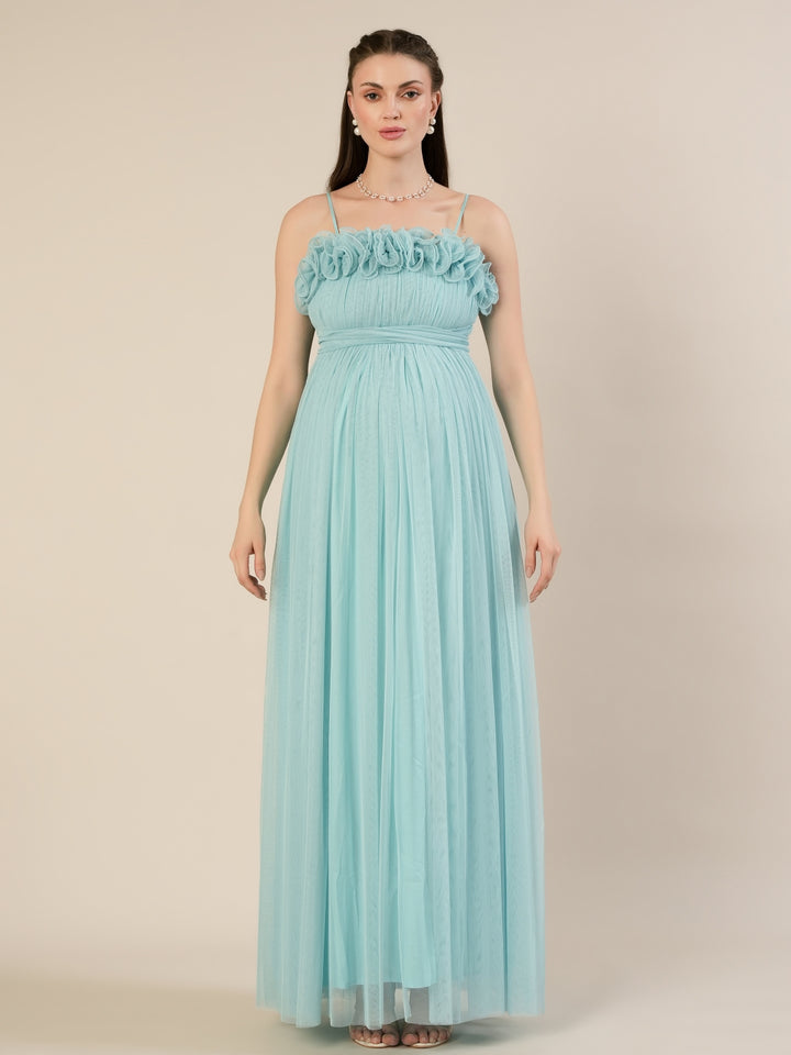 Light Blue Maternity Baby Shower Photoshoot Gown with Detachable Sleeves