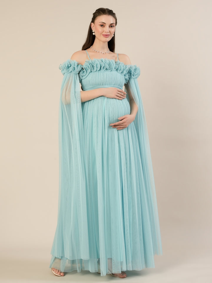 Light Blue Maternity Baby Shower Photoshoot Gown with Detachable Sleeves