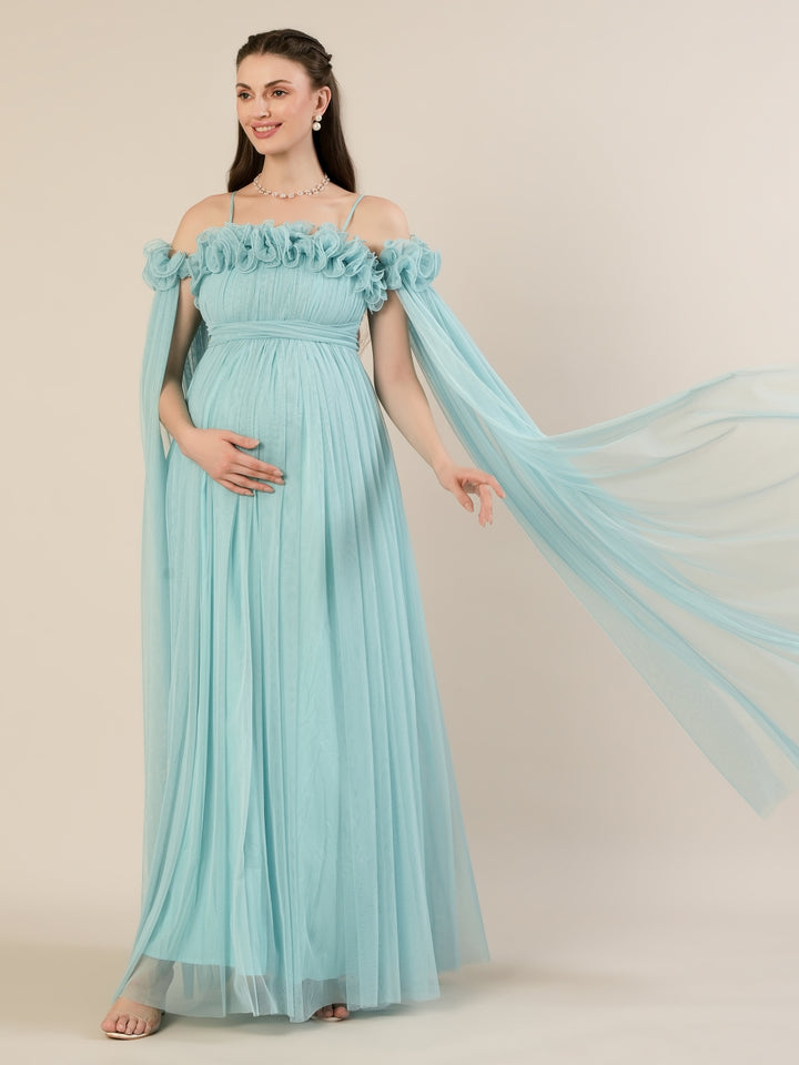 Light Blue Maternity Baby Shower Photoshoot Gown with Detachable Sleeves