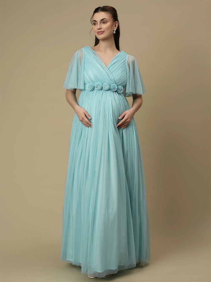 Light Blue Maternity Maxi Formal Gown with Train