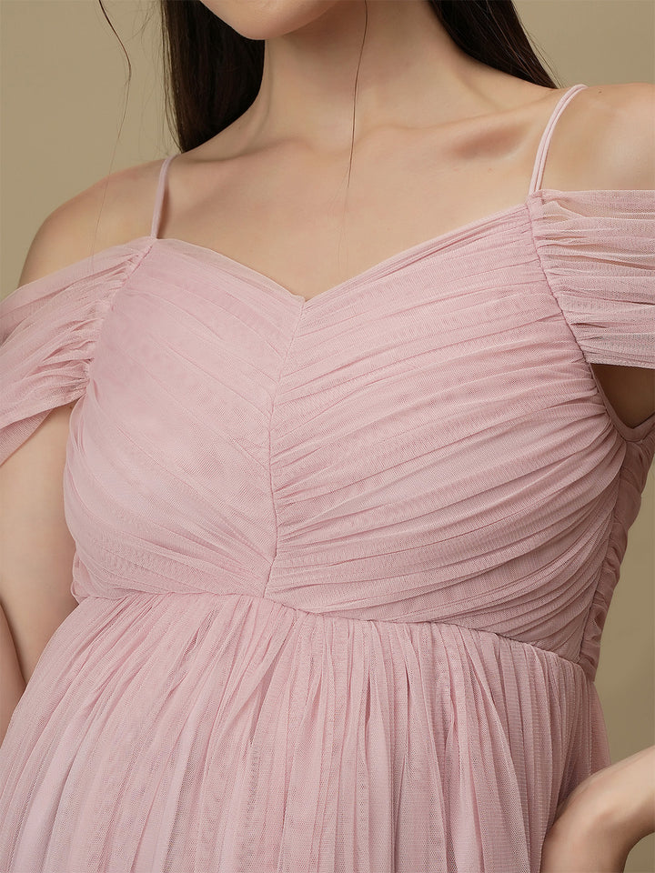 Romantic Tulle Maternity Maxi Dress- Light Pink