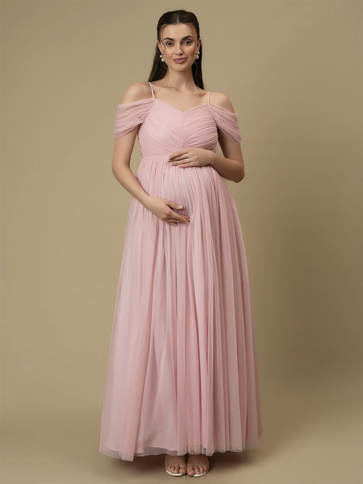 Romantic Tulle Maternity Maxi Dress- Light Pink