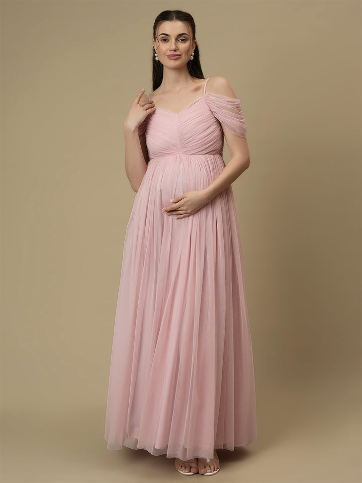 Romantic Tulle Maternity Maxi Dress- Light Pink