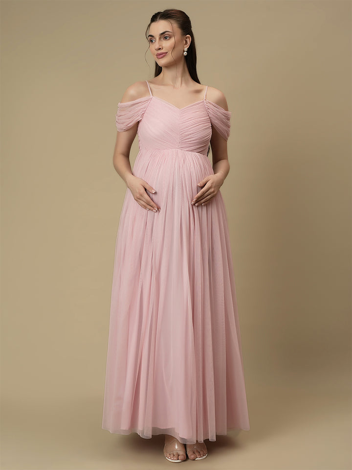 Romantic Tulle Maternity Maxi Dress- Light Pink
