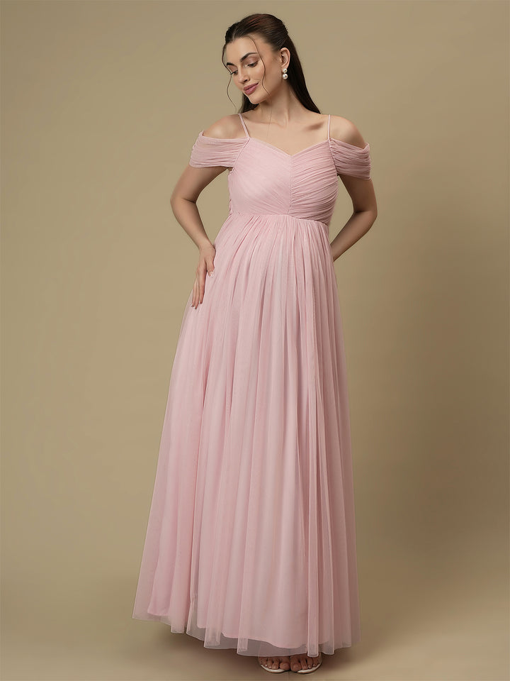 Romantic Tulle Maternity Maxi Dress- Light Pink