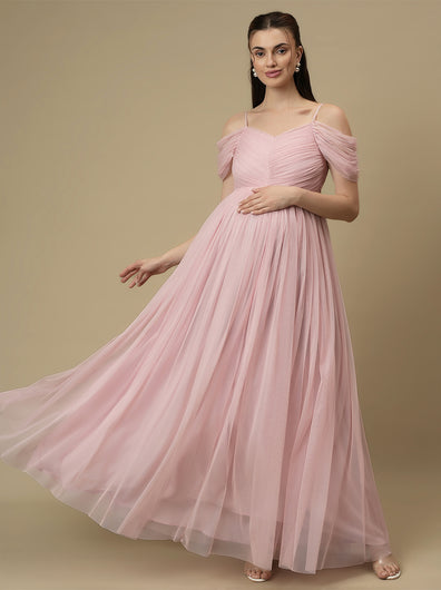 Romantic Tulle Maternity Maxi Dress- Light Pink
