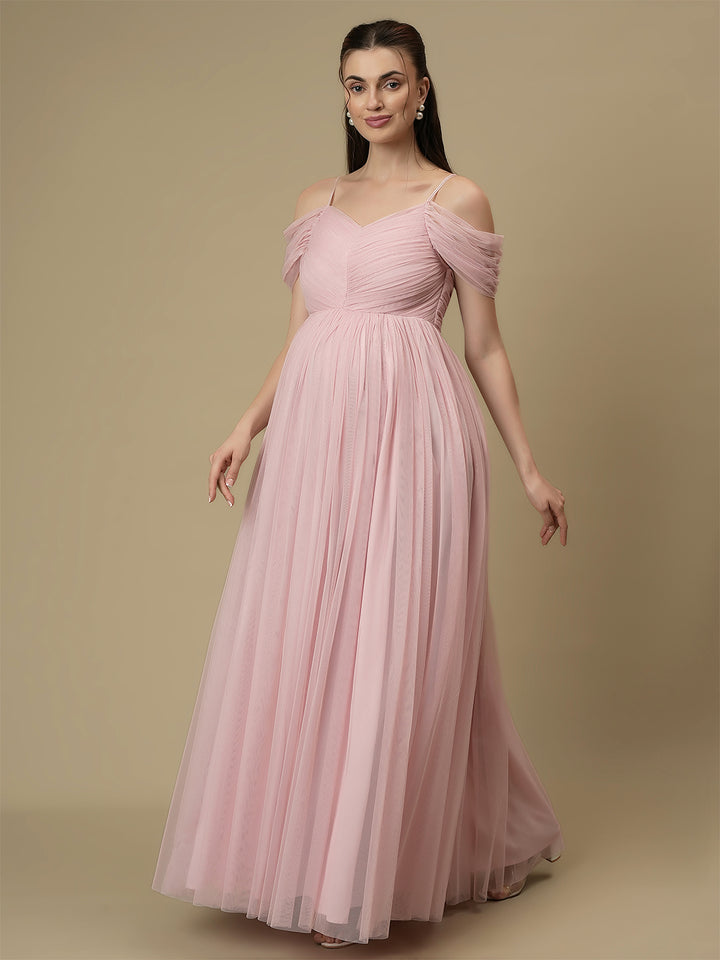Romantic Tulle Maternity Maxi Dress- Light Pink