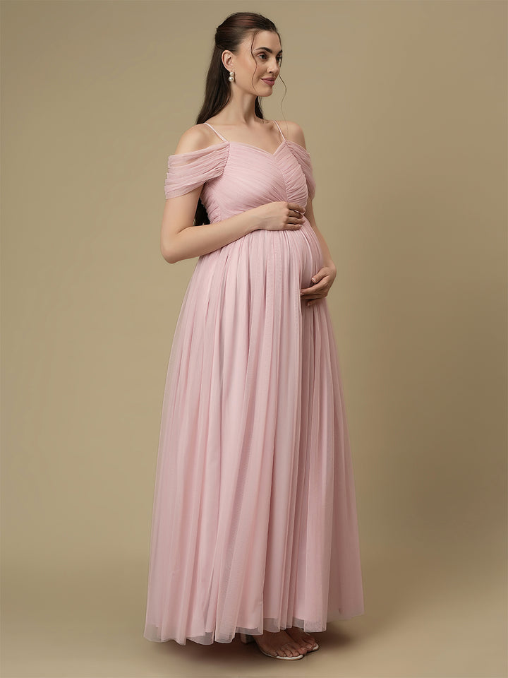Romantic Tulle Maternity Maxi Dress- Light Pink