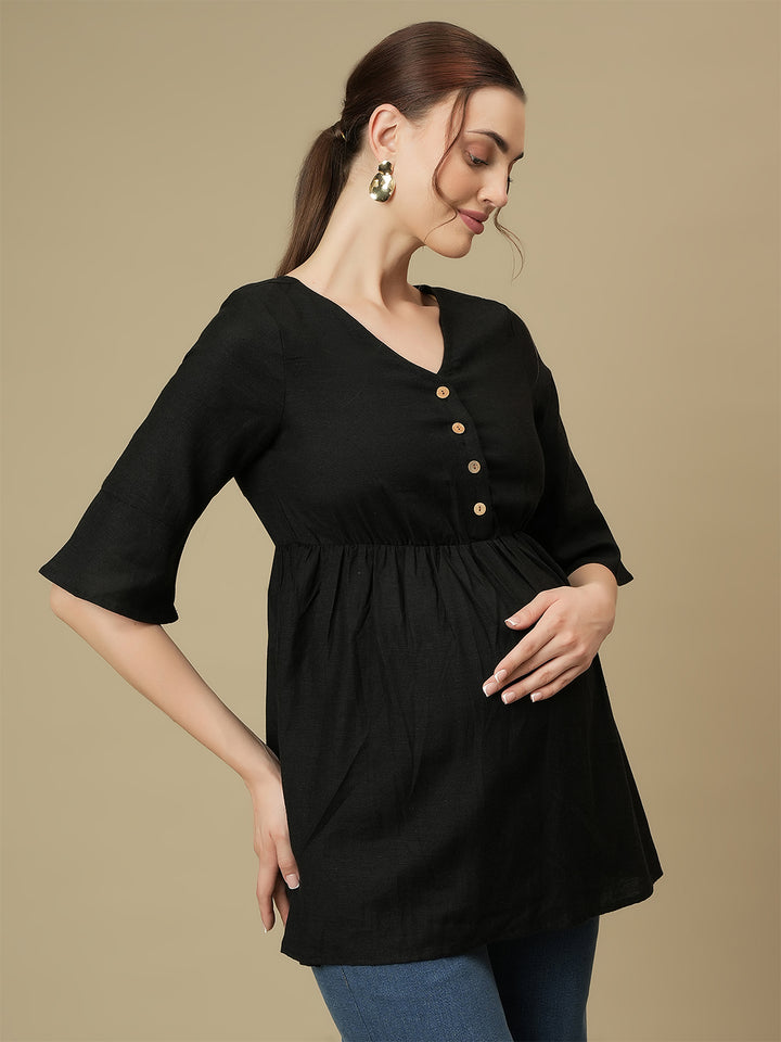 Linen Cotton Maternity Top- Black